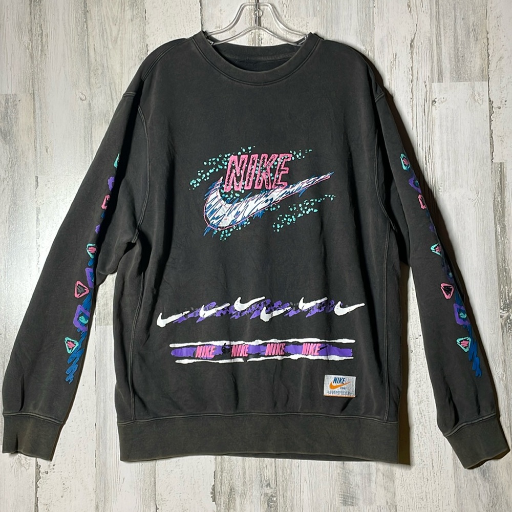 Nike sweatshirt Size L faded black with neon pink green graphic soft retro GUC
